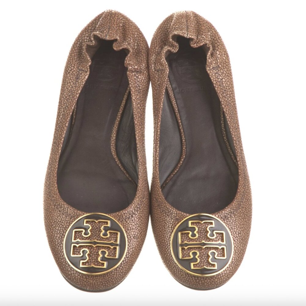 TORY BURCH "Reva" Coconut Brown Stingray Leather Ballet Flats (7.5)